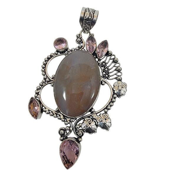 Handmade Silver Pendant with Moon Agate and Pink Topaz Accents - Picture 1 of 10